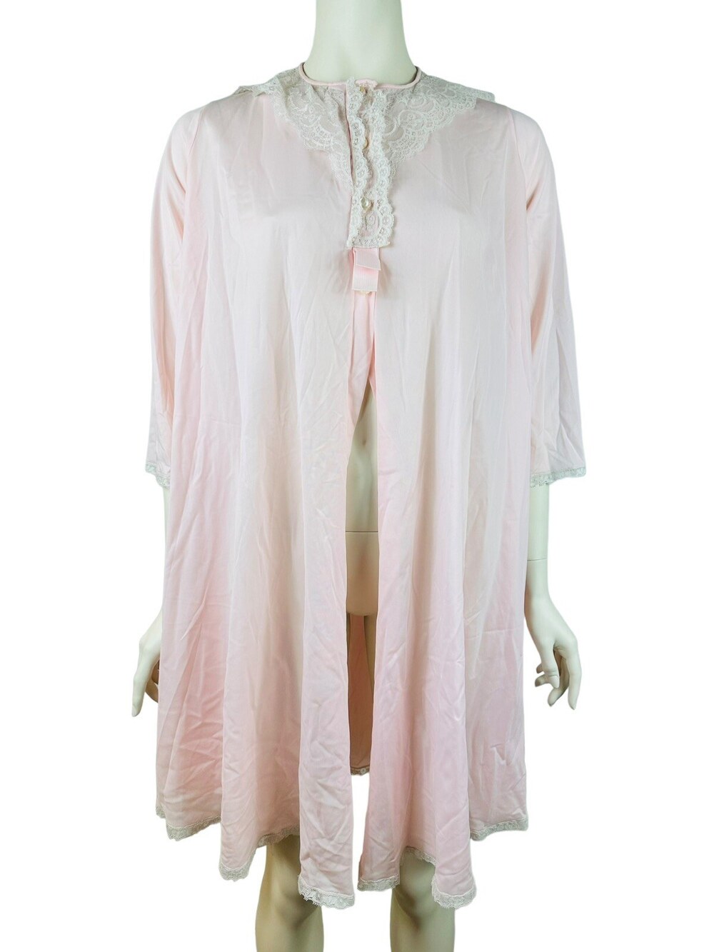 Vintage Pinehurst Robe Women's Small Light Pink Lace Open Half Button Nylon 50s